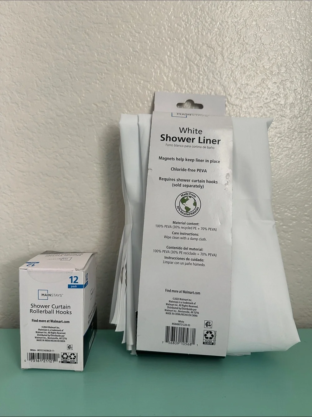 Mainstays bathroom utility accessories set of: a shower curtain & hooks-new.